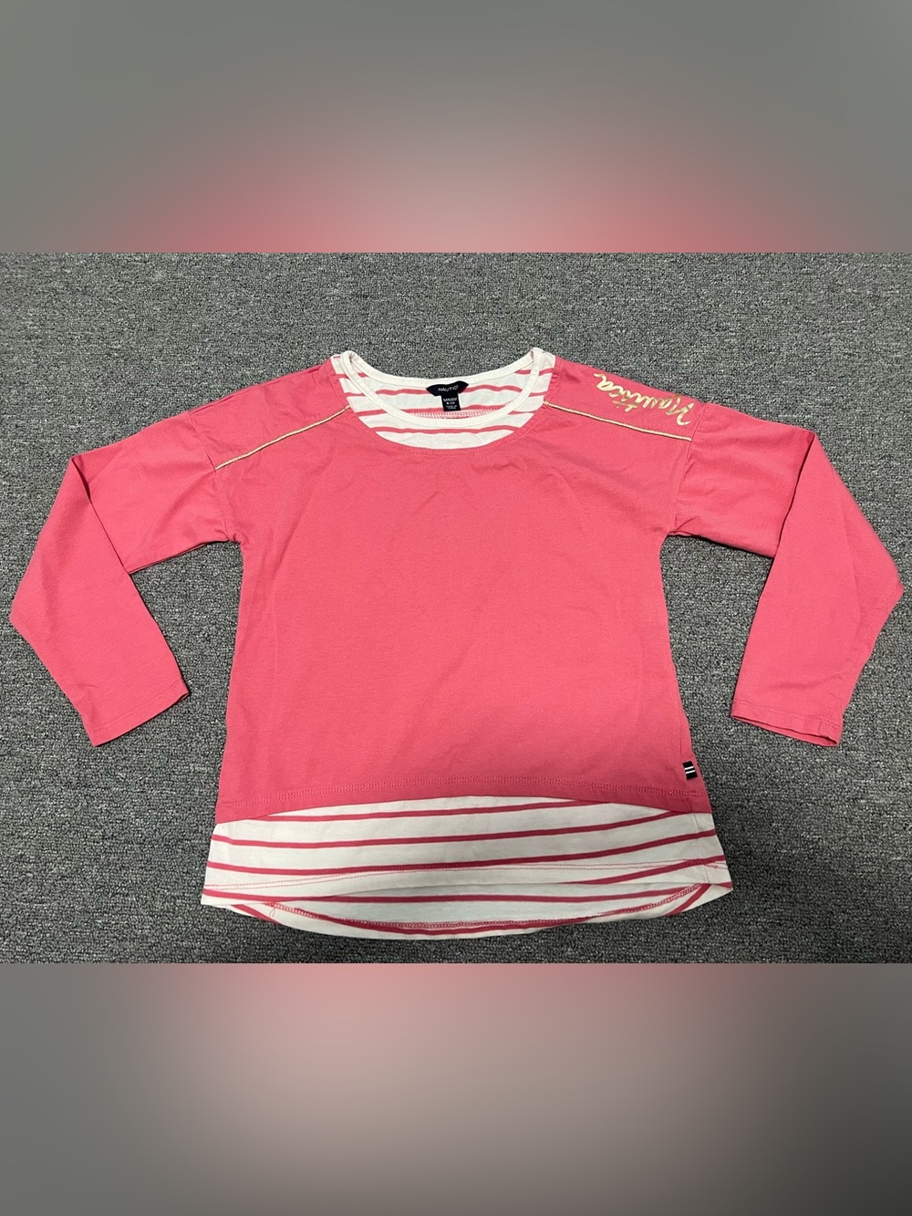 Nautica Girl’s Pink Layered Stripe Long Sleeve Top with Gold Accent